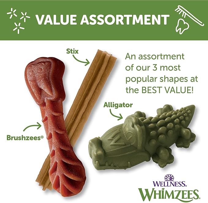 WHIMZEES by Wellness Value Box Natural Dental Chews for Dogs, Long Lasting Treats, Grain-Free, Freshens Breath, Small Breed, 89 count - PAWPICO