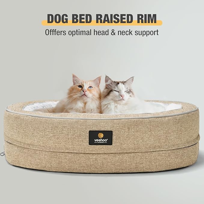 Veehoo Orthopedic Cat Bed for Indoor Cats, Oval Washable Cat Bed with Egg Crate Foam Support, Indoor Donut Puppy Cat Bed Bolster Dog Bed with Removable Cover & Non-Slip Bottom, Beige Coffee - PAWPICO