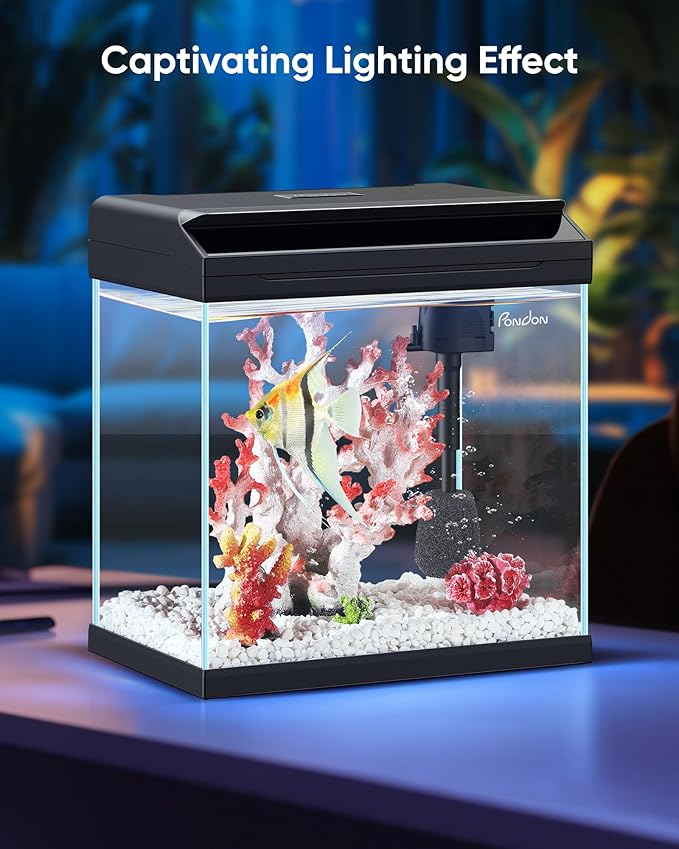 PONDON 7 Gallon Fish Tank with Detachable Lid, Low-Iron Glass Aquarium Starter Kit with LED Light, Beginner-Friendly Betta Aquarium with Removable Filtration PONDON