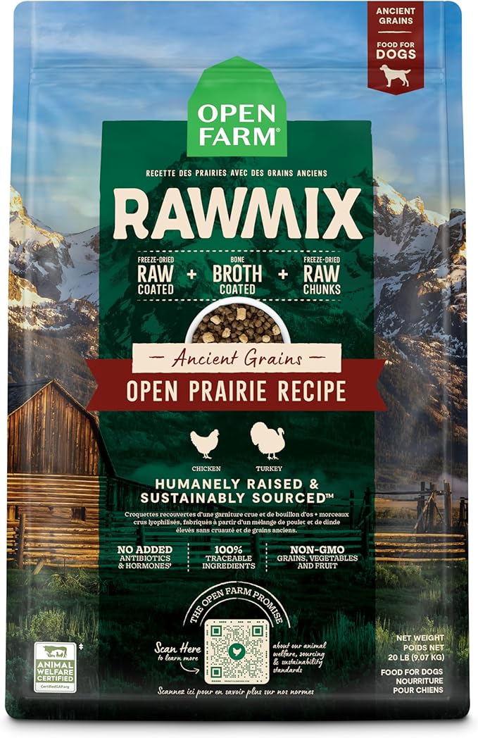 Open Farm RawMix Ancient Grains Prairie Recipe for Dogs, Includes Kibble, Bone Broth, and Freeze Dried Raw, Inspired by The Wild, Humanely Raised Protein and Non-GMO Fruits and Veggies, 20 lb - PAWPICO