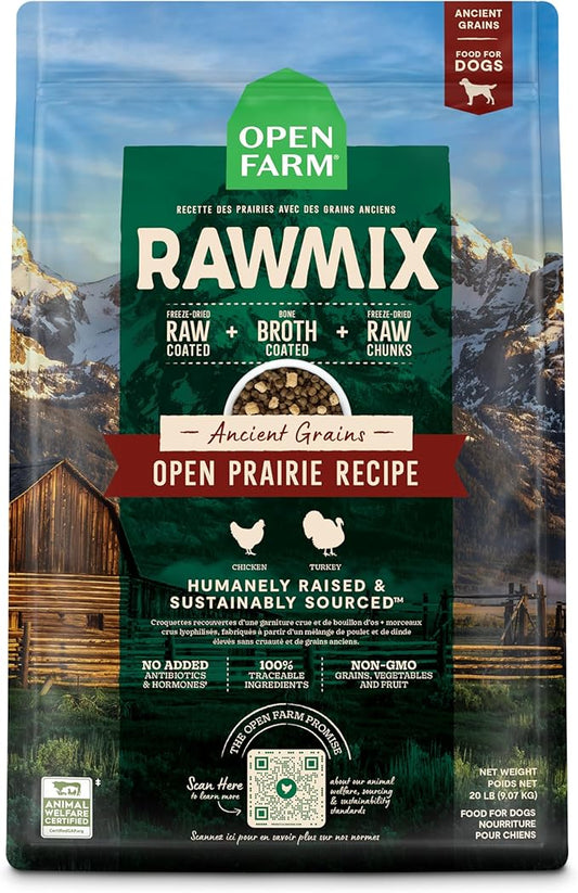 Open Farm RawMix Ancient Grains Prairie Recipe for Dogs, Includes Kibble, Bone Broth, and Freeze Dried Raw, Inspired by The Wild, Humanely Raised Protein and Non-GMO Fruits and Veggies, 20 lb - PAWPICO