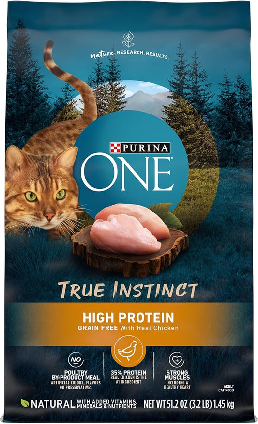 Purina ONE Natural, High Protein, Grain Free Dry Cat Food, True Instinct With Real Chicken - 3.2 lb. Bag - PAWPICO