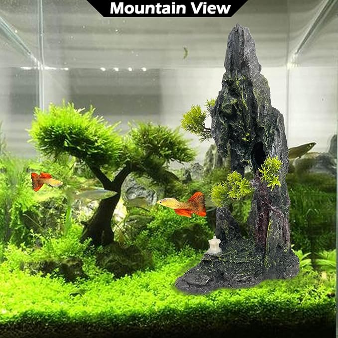 Tall Aquarium Mountain View Stone Decorations Aquarium Ornament Rock Cave Landscape Artificial Mountain Hill View Fish Tank Caves for Betta Hiding Reptile Aquarium Supply VMCN