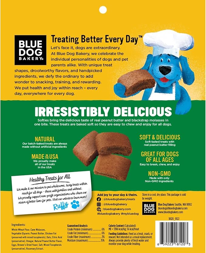 Blue Dog Bakery Natural Dog Treats, Softies, Peanut Butter Flavor, 16.2oz Bag, 6 Bags - PAWPICO