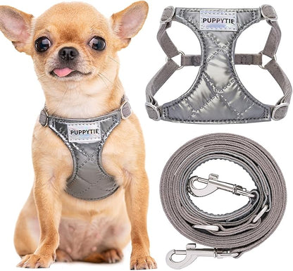 Puppytie No Pull xs Dog Harness with Multifunction Dog Leash,Soft Adjustable No Choke Escape Proof Pet Harness Vest,Glossy Grey,XS Puppytie
