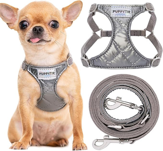 Puppytie No Pull xs Dog Harness with Multifunction Dog Leash,Soft Adjustable No Choke Escape Proof Pet Harness Vest,Glossy Grey,XS Puppytie