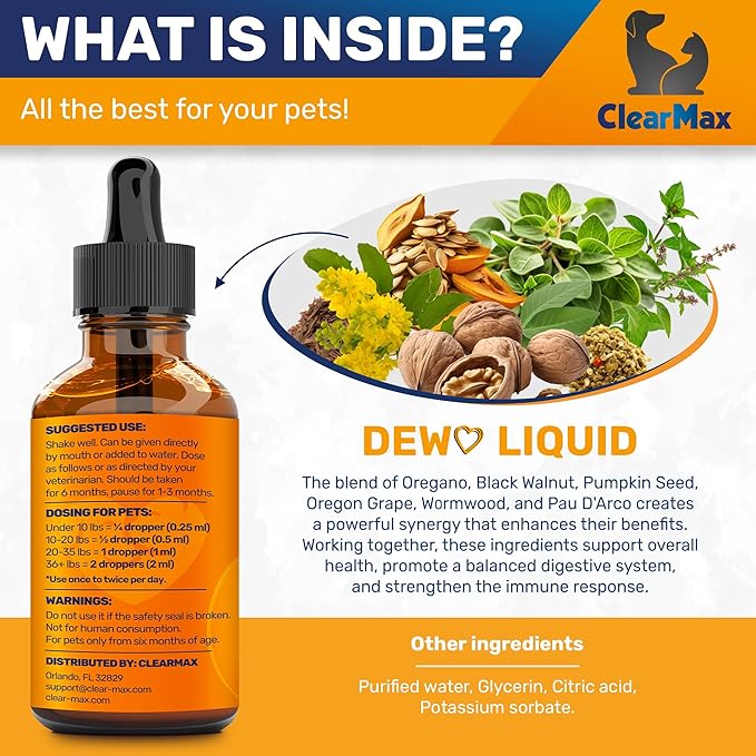Dewo for Dogs ◆ Cat Dewo ◆ Puppy Dewo ◆ Kitten Dewo ◆ Natural Broad Spectrum Cleanser for Pets ◆ Liquid Dewo for Dogs and Cats ◆ Pet Dewo ◆ Digestive Cleanser ◆ 2 Oz ClearMax