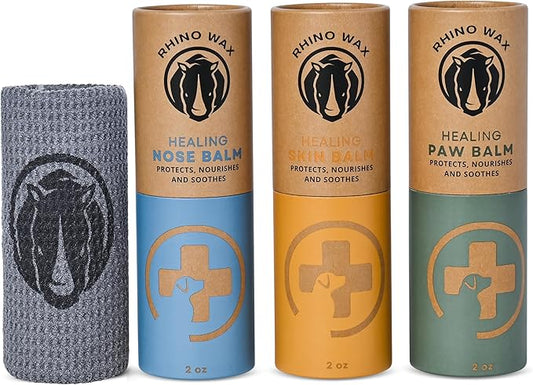 Dog Care Kit - Healing Dog Paw Pad Balm + Snout Soother for Dogs + Skin Soother - Relieves Pain, Nourishes and Heals - For Dry, Irritated Paws, Noses and Skin - Lick-Safe - Made in the USA RhinoWax