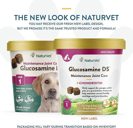 NaturVet Glucosamine DS Level 1 Maintenance, Joint Care Support Supplement for Dogs and Cats, Soft Chews, Made in The USA NaturVet