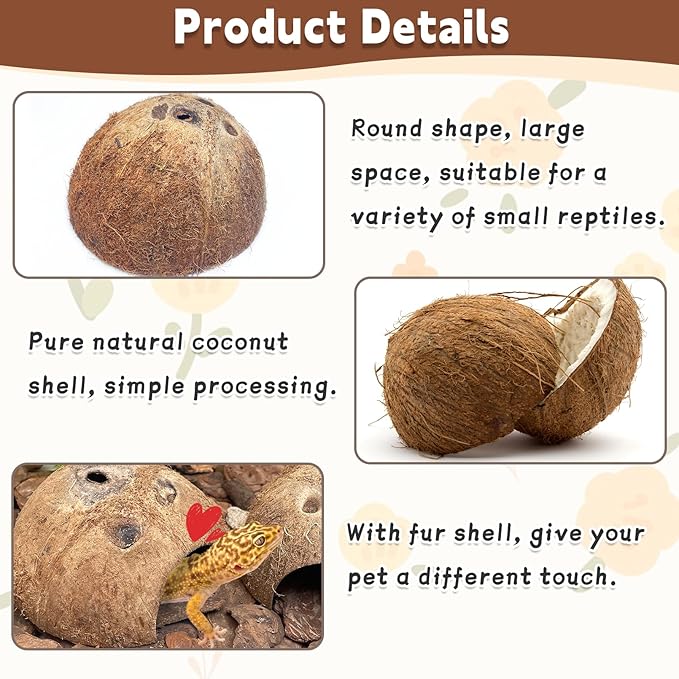 PINVNBY Natural Coconut Reptile Hideouts Lizard, Coco Hut Hermit Crab Hut Aquarium Fish Hide Cave for Small Reptile Crested Gecko Leopard Gecko Spider Snail Climber Toys (2 PCS Natural Surface) PINVNBY