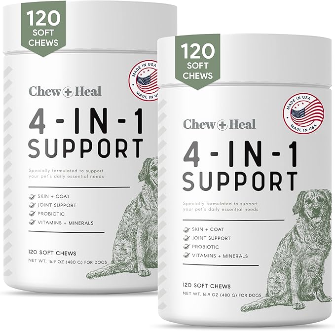 Chew + Heal All in 1 Dog Vitamin, 2PK - 240 Soft Chew Treats - Chewable Multivitamin with Probiotics, Digestive Enzymes, for Skin and Coat, Hip and Joint Support - Made in The USA ChewHeal