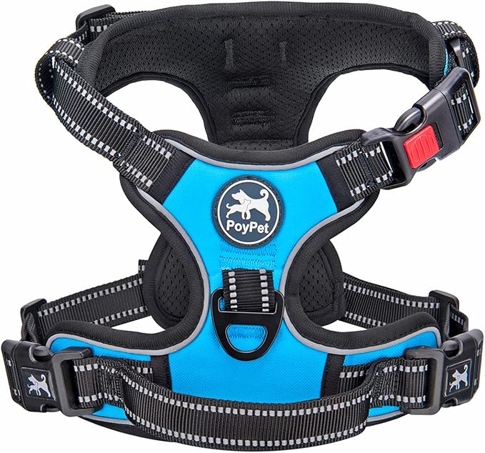 PoyPet No Pull Dog Harness, No Choke Front Clip Dog Reflective Harness, Adjustable Soft Padded Pet Vest with Easy Control Handle for Small to Large Dogs(Blue,M) PoyPet