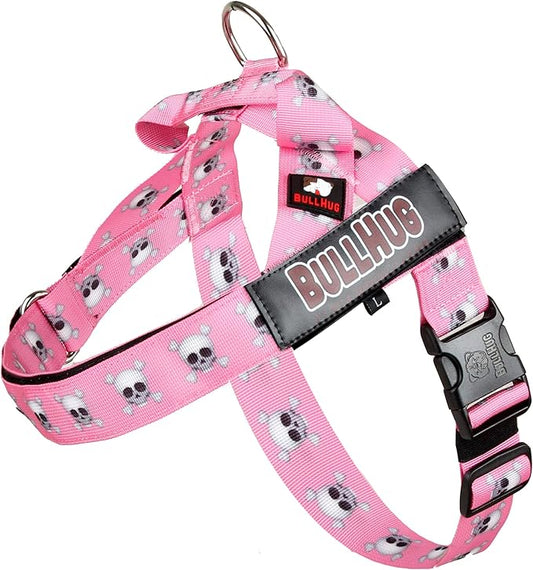 BULLHUG Harness – Made for Larger Chested Dogs Like English Bulldogs, French Bulldogs, Pugs & More. Stops Dogs from Pulling & Choking on Walks (Pink Skull, XL) BULLHUG
