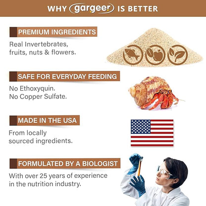 Hermit Crab Protein Treat. Non-GMO Premium Ingredients, to Meet All Protein and Support Strength and Growth. 2oz Granular Textured ‘Surprise Your Crab’ Meal. Enjoy! Gargeer