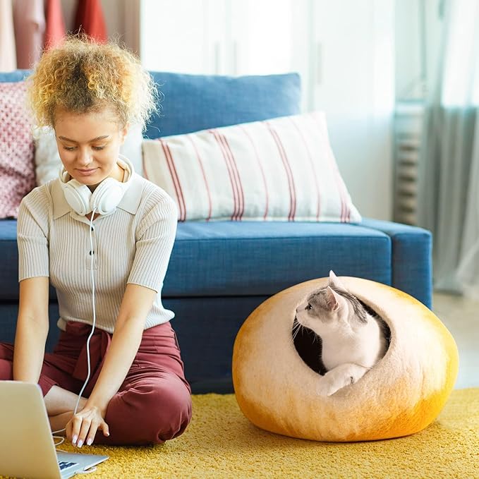 Cat Cave Bed -Handmade Wool Cat Bed Cave, Cat Bed Cat House, Felt Cat Caves for Indoor Cats and Kittens(Yellow/White) - PAWPICO