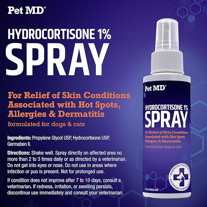 Pet MD Hydrocortisone Spray for Dogs, Cats, Horses - Itch Relief Spray & Hot Spot Treatment for Dogs, Irritated Dry Itchy Skin, Allergies, and Dermatitis - Reduces Topical Inflammation - 4 oz PetMD