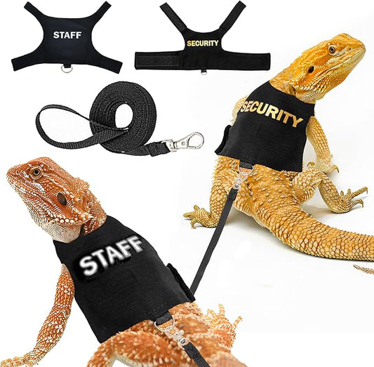 Premium 2Pack Bearded Dragon Leash and Harness Set-Costume and Clothes for Bearded Dragon-Adjustable Bearded Dragon Harness for Secure Walks-Fun Staff and Security Designs TRECKPET