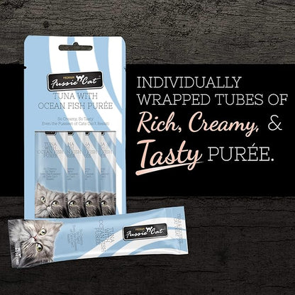 Fussie Cat Tuna with Ocean Fish Puree, lickable cat Treats, 0.5oz Pouch Pack of 4 - PAWPICO