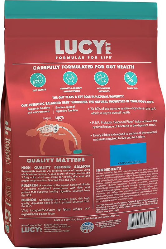Lucy Pet Formulas for Life Salmon, Pumpkin, & Quinoa Dry Dog Food, All Life Stages, Digestive Health, Sensitive Stomach & Skin, 4.5lb bag - PAWPICO