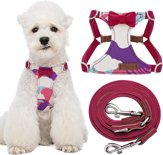 Puppytie No Pull Dog Harness with Multifunction Dog Leash,Soft Adjustable No Choke Escape Proof Pet Harness Vest for Medium Dogs,Suede Bow Wine red,M Puppytie