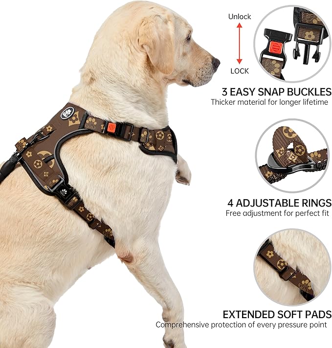 NESTROAD No Pull Dog Harness,Adjustable Oxford Dog Vest Harness with Leash,Reflective No-Choke Pet Harness with Easy Control Soft Handle for Large Dogs(X-Large,Dark Brown) NESTROAD