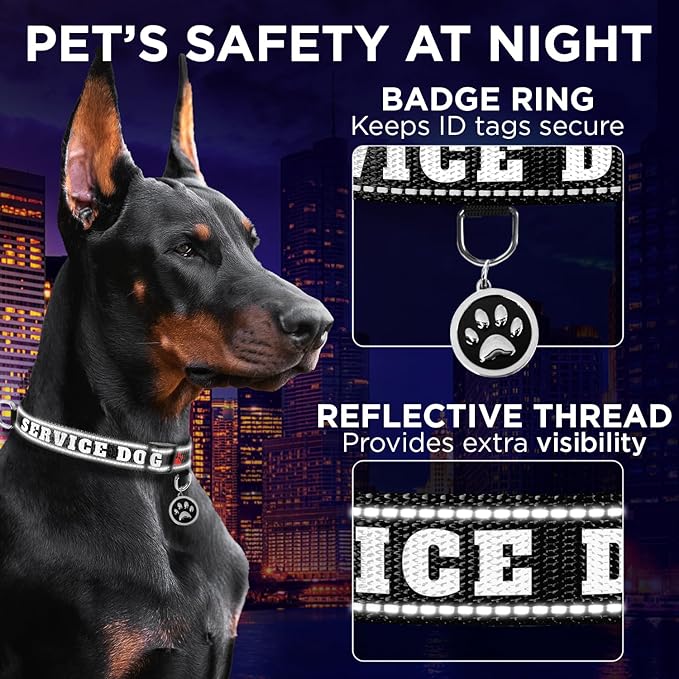 TECEUM Reflective Pet Collar – Black - Service Dog – XS – Basic Nylon Dog Collar – Quick Release Buckle – Fits Small, Medium and Large Dogs, Puppies, Cats – ESA & Service Dog Options TECEUM