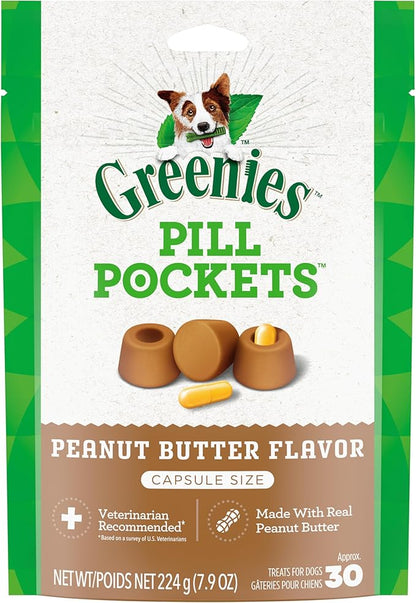 Greenies Pill Pockets for Dogs Capsule Size Natural Soft Dog Treats with Real Peanut Butter, 7.9 oz. Pack (30 Treats) - PAWPICO
