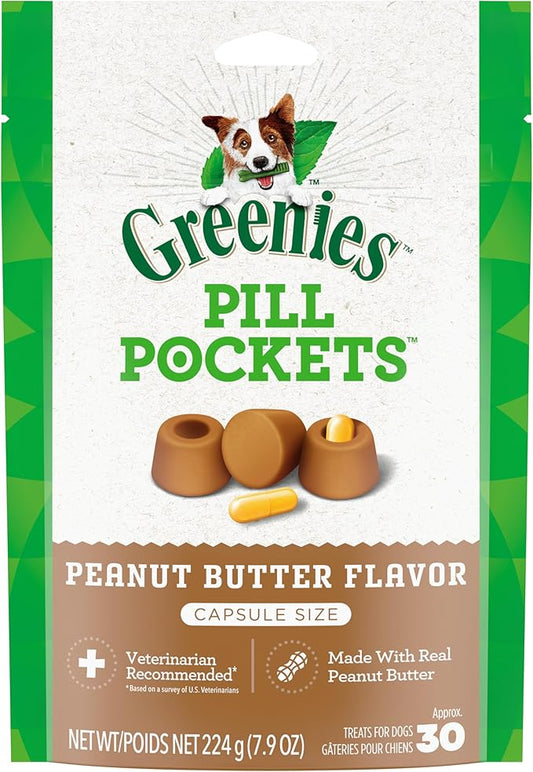 Greenies Pill Pockets for Dogs Capsule Size Natural Soft Dog Treats with Real Peanut Butter, 7.9 oz. Pack (30 Treats) - PAWPICO