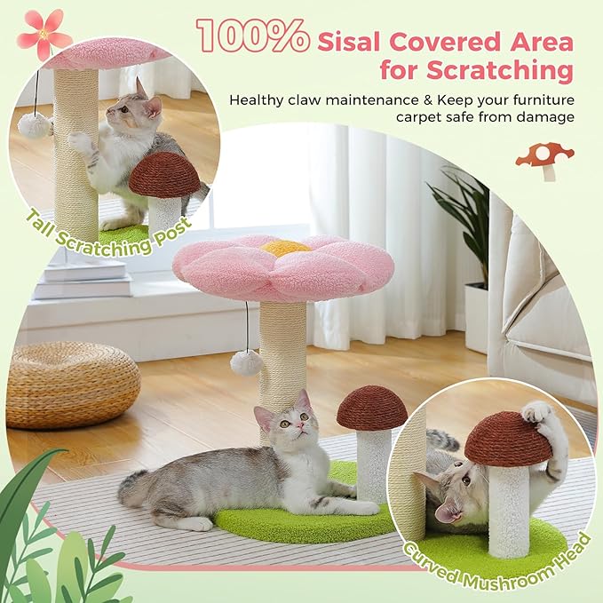 PETEPELA Cat Scratching Post, Mushroom Cat Scratcher Cute Cat Tree Tower with Thick Scratching Post & Removable Flower Cat Bed [Dia=15.7''], Tall Cat Post for Kittens and Indoor Small Cats, Pink - PAWPICO