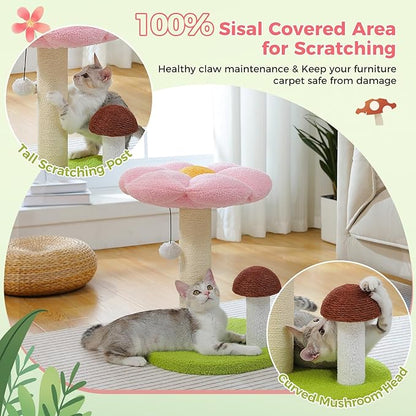 PETEPELA Cat Scratching Post, Mushroom Cat Scratcher Cute Cat Tree Tower with Thick Scratching Post & Removable Flower Cat Bed [Dia=15.7''], Tall Cat Post for Kittens and Indoor Small Cats, Pink - PAWPICO