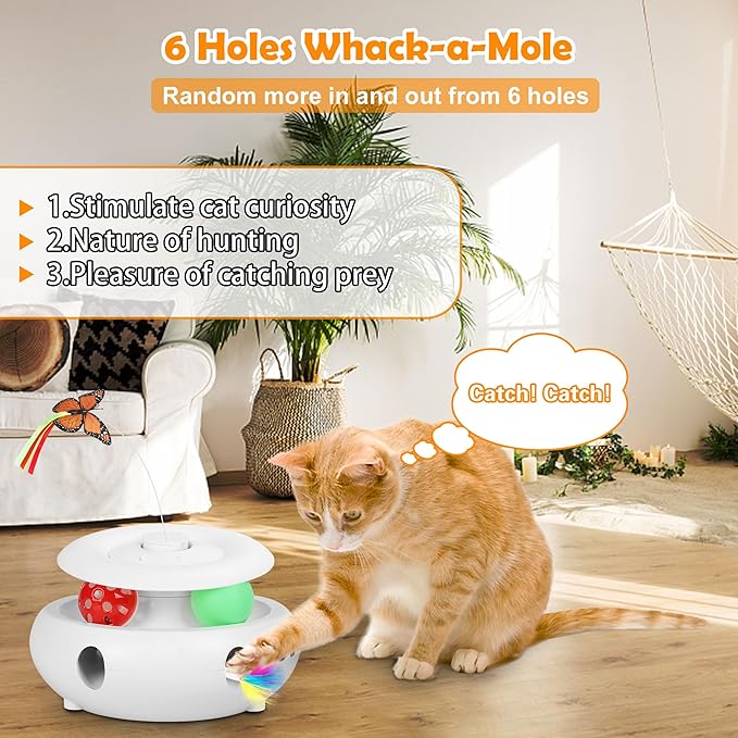 3-in-1 Interactive Cat Toys for Indoor Cats, Automatic 6 Holes Mice Whack-A-Mole, Fluttering Butterfly, Track Balls, USB Rechargeable, Ultra Fun Smart Interactive Kitten Toy (Ivory White) - PAWPICO