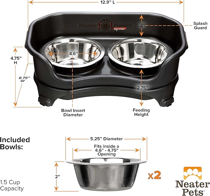 Neater Feeder Express Small Mess Proof Feeder for Small Dogs, 1.5 Cup Stainless Steel Bowls, No Spill, Non-Tip, Non-Slip Dog Bowls. Made in USA - PAWPICO
