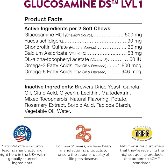 NaturVet Glucosamine DS Level 1 Maintenance, Joint Care Support Supplement for Dogs and Cats, Soft Chews, Made in The USA NaturVet
