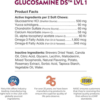 NaturVet Glucosamine DS Level 1 Maintenance, Joint Care Support Supplement for Dogs and Cats, Soft Chews, Made in The USA NaturVet