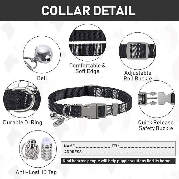 GAMUDA Dog Harness, Collar and Seat Belt Set, Vehicle Safety Harness, Retractable Adjustable Pet Seatbelts with Travel Strap and Carabiner for Most Cars (Black, XXS) GAMUDACollarsCollection