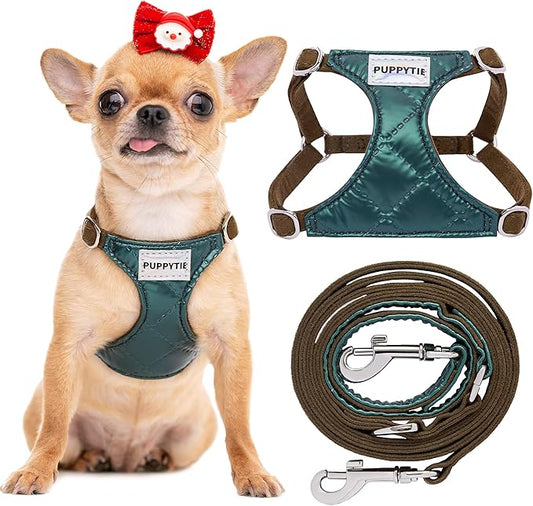 Puppytie No Pull xs Dog Harness with Multifunction Dog Leash,Soft Adjustable No Choke Escape Proof Pet Harness Vest,Glossy Dark Green,XXS Puppytie