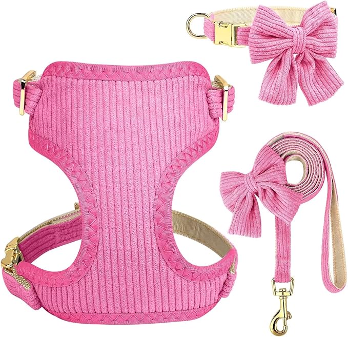 Didog Cute Small Dog Harness Collar & Leash Set, Adjustable Dog Collars and Leashes with Bowtie, Breathable Soft Mesh Padded Dog Vest for Puppies Small Dogs & Cats Walking, Hot Pink, S Didog
