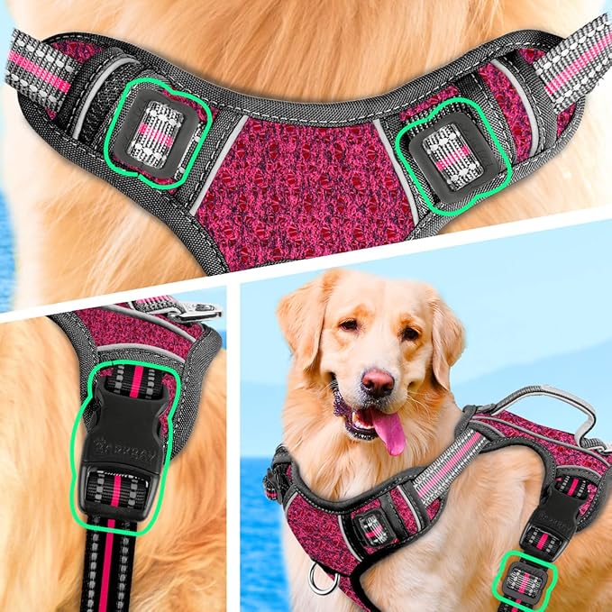 BARKBAY No Pull Dog Harness Large Reflective Dog Harness with Front Clip and Easy Control Handle for Walking Training Running with ID tag Pocket(Pink/Black,XL) BARKBAY