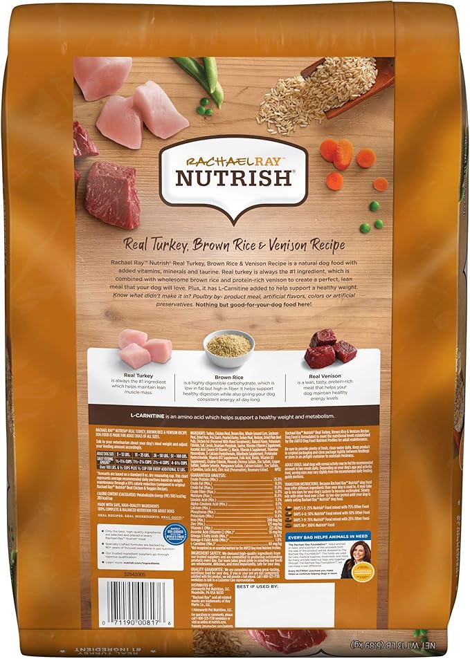 Rachael Ray Nutrish Dry Dog Food, Turkey, Brown Rice & Venison Recipe for Weight Management, 13 Pounds - PAWPICO
