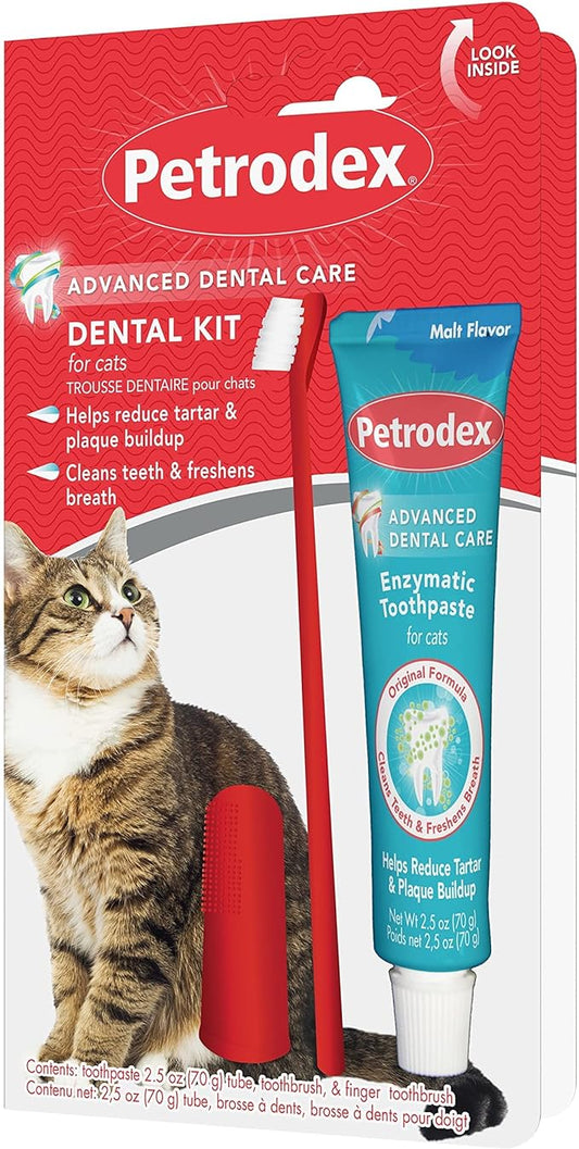 Petrodex Dental Care Kit for Cats, Cat Toothbrush and Toothpaste, Cleans Teeth and Fights Bad Breath, Reduces Plaque Tartar Formation, Malt Flavor, 2.5oz Toothpaste + Toothbrush Petrodex