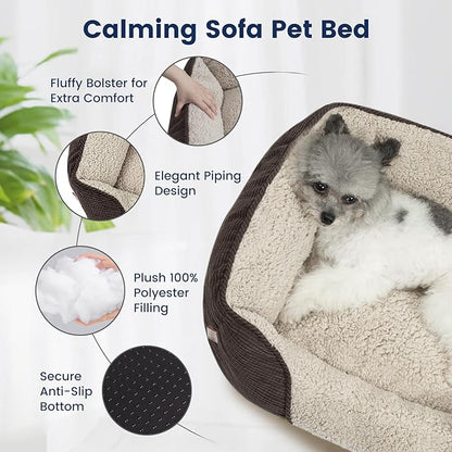 Miguel Washable Dog Bed with Removable Cushion for Medium Small Dogs, Easy to Wash Pet Sofa Bed with Side, Rectangle Bolster Cat Bed Calming Cuddle Puppy Bed with Anti-Slip Bottom, Brown 30 Inch - PAWPICO