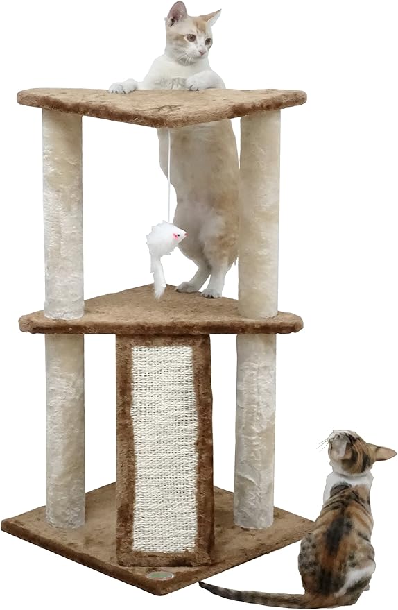 Go Pet Club Everyday Value 35in Corner Cat Tree Kitty Scratcher Tower Kitten Condo House Furniture with Scratching Board & Hanging Toys for Indoor Cats, Beige/Brown - PAWPICO