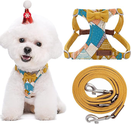 Puppytie No Pull Small Dog Harness with Multifunction Dog Leash,Lightweight Soft Adjustable No Choke Escape Proof Pet Harness Vest Pet Harness Vest,Suede Bow Yellow,S Puppytie