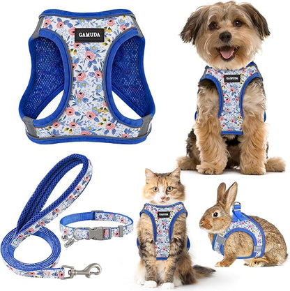 GAMUDA Small Dog Harness Collar and Leash Set, Step in No Chock No Pull Soft Mesh Adjustable Dog Vest Harnesses Plaid Reflective for Dogs Puppy Cats Kitten Rabbit (Blue Flower, L) GAMUDACollarsCollection