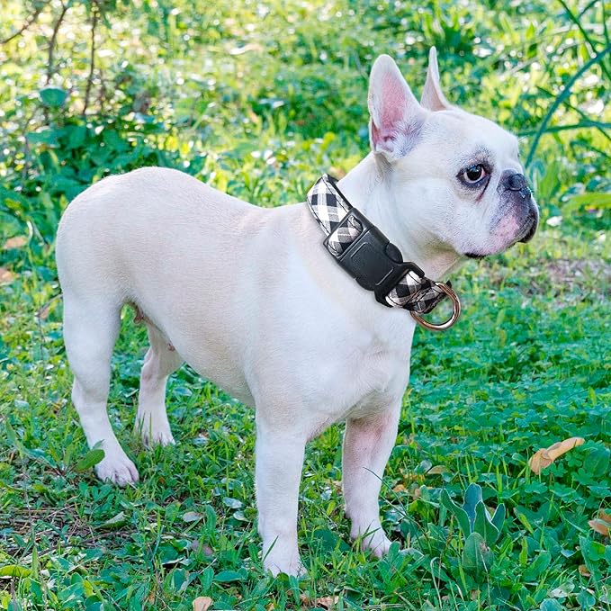 Reflective Dog Collar Padded with Soft Neoprene Breathable Adjustable Nylon Dog Collars for Small Medium Large Dogs (Medium (Pack of 1), Black Plaid Collar+Leash) ladoogo