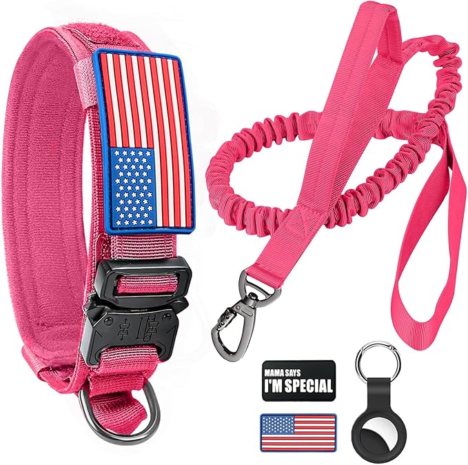Tactical Dog Collar and Bungee Leash,Military Dog Collar & Leash Set with USA American Flag Adjustable K9 Collar with Heavy Duty Metal Buckle & Handle,with Patches and Airtags Case (Pink, L) Celifelight