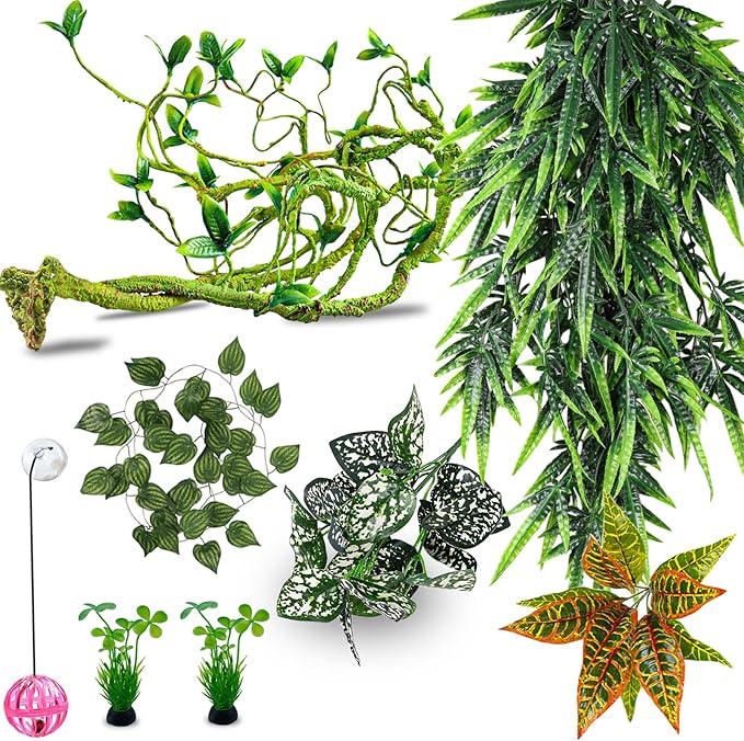 Repitle Vines for Climbing, Terrarium Hanging Plants Artificial Leaves Reptile Hide Flexible Jungle Vine Tank Accessories for Gecko Bearded Dragon Lizard Snake Chameleon Decor Mechpia