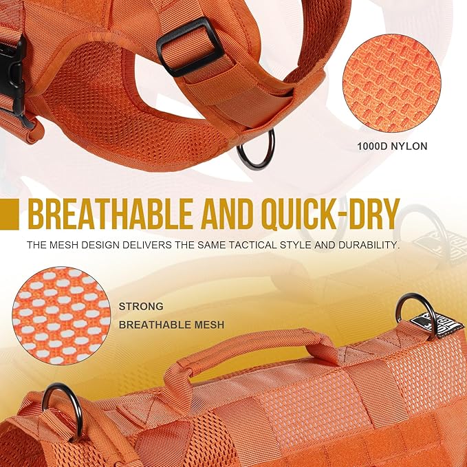 OneTigris Tactical Dog Harness for Small Dog, No Pull Small Dog Vest Harness Breathable Military Dog Molle Vests with Handles, Harness for Walking Hiking Training (Orange, XS) OneTigris