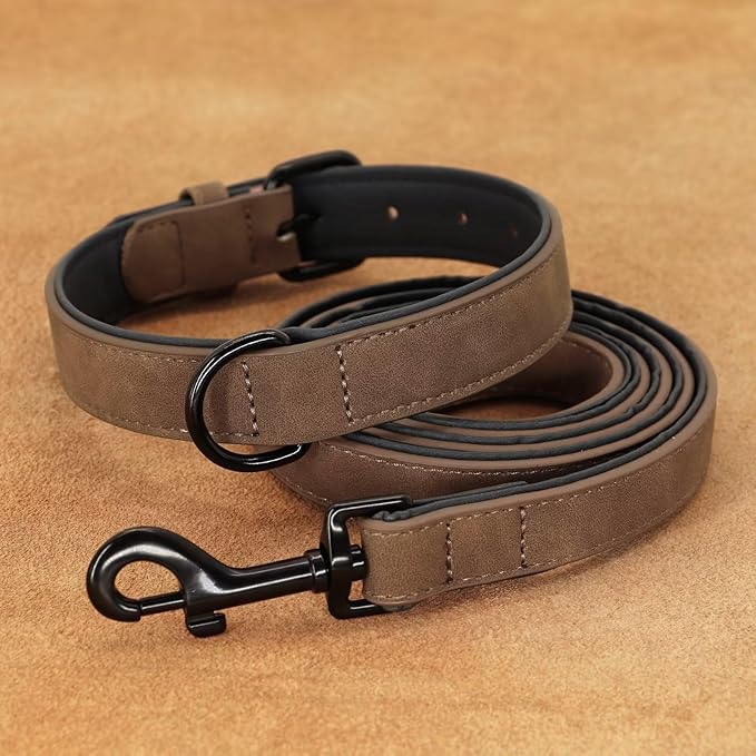 Didog Soft Padded Leather Dog Collar and Leash Set, Heavy Duty Dog Leash and Collar Set with Metal Buckle, Breathable Dog Collars with 4FT Leather Dog Leash for Small Medium Large Dogs, Brown, XL Didog