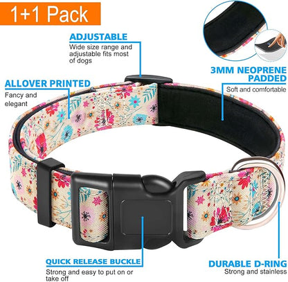 Reflective Dog Collar Padded with Soft Neoprene Breathable Adjustable Nylon Dog Collars for Small Medium Large Dogs (X-Small (Pack of 1), Vanila/Pink Floral Collar+Leash) ladoogo